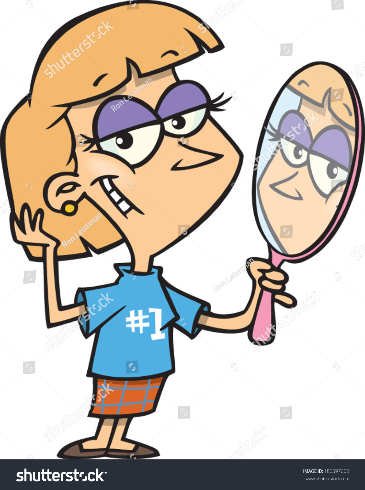 Conceited Cartoon Girl Staring Herself Mirror: เวกเตอร์สต็อก (ปลอดค่า