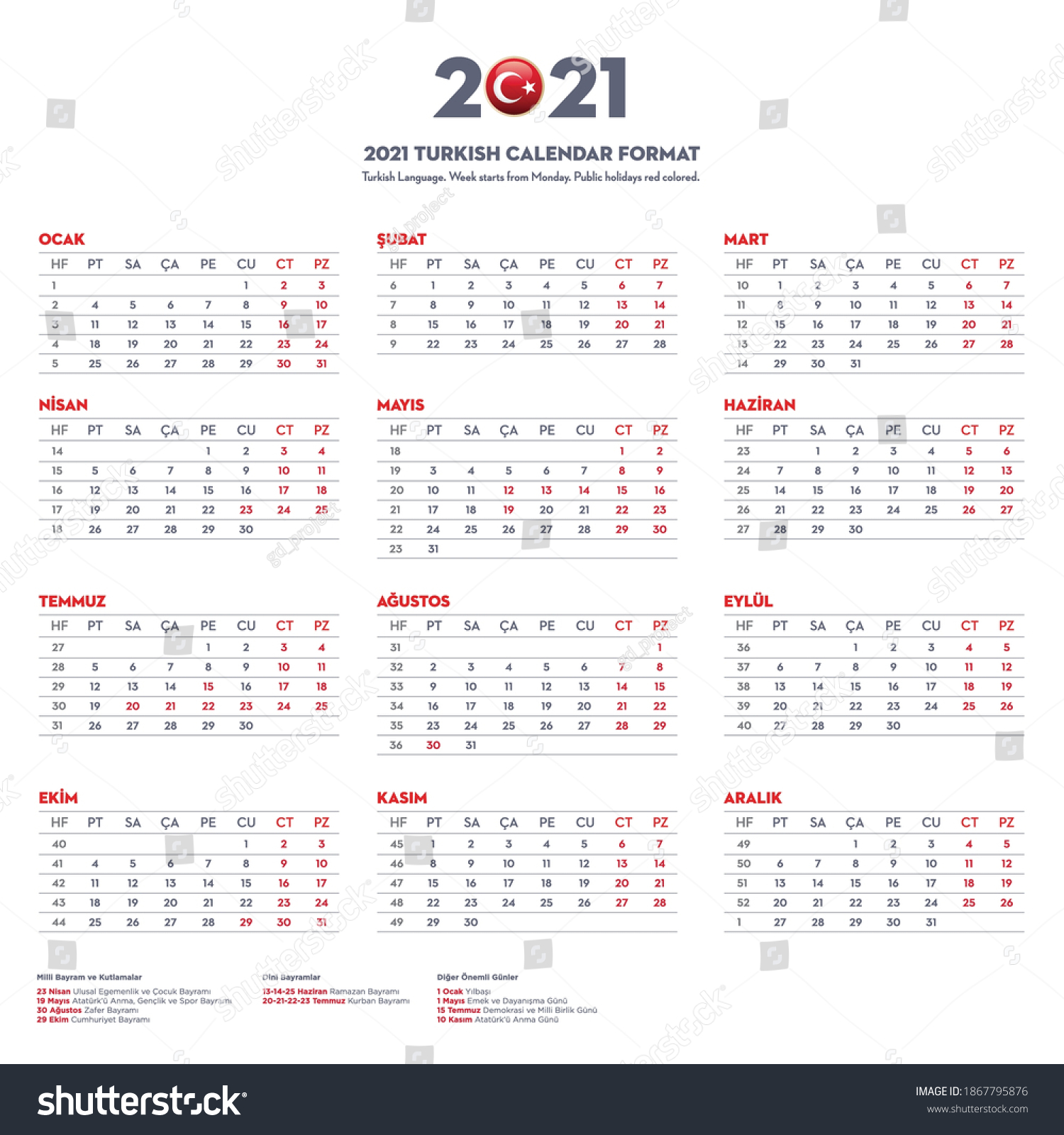 2021 Calendar Turkish Starts Monday Public Stock Vector (Royalty Free ...