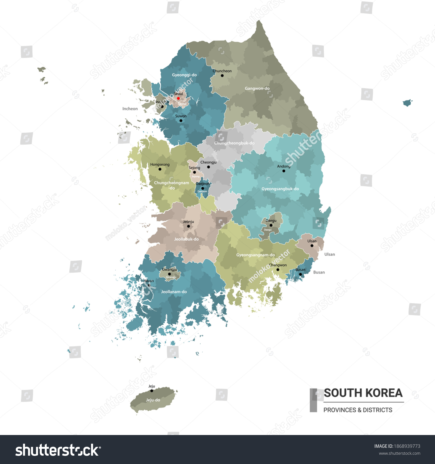 South Korea Higt Detailed Map Subdivisions Stock Vector (Royalty Free ...