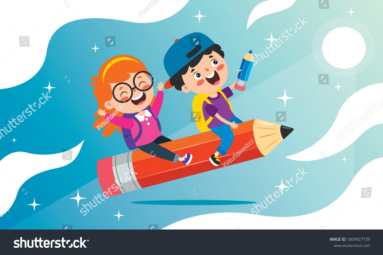 Funny Kid Flying On Colorful Pencil Stock Vector (Royalty Free ...