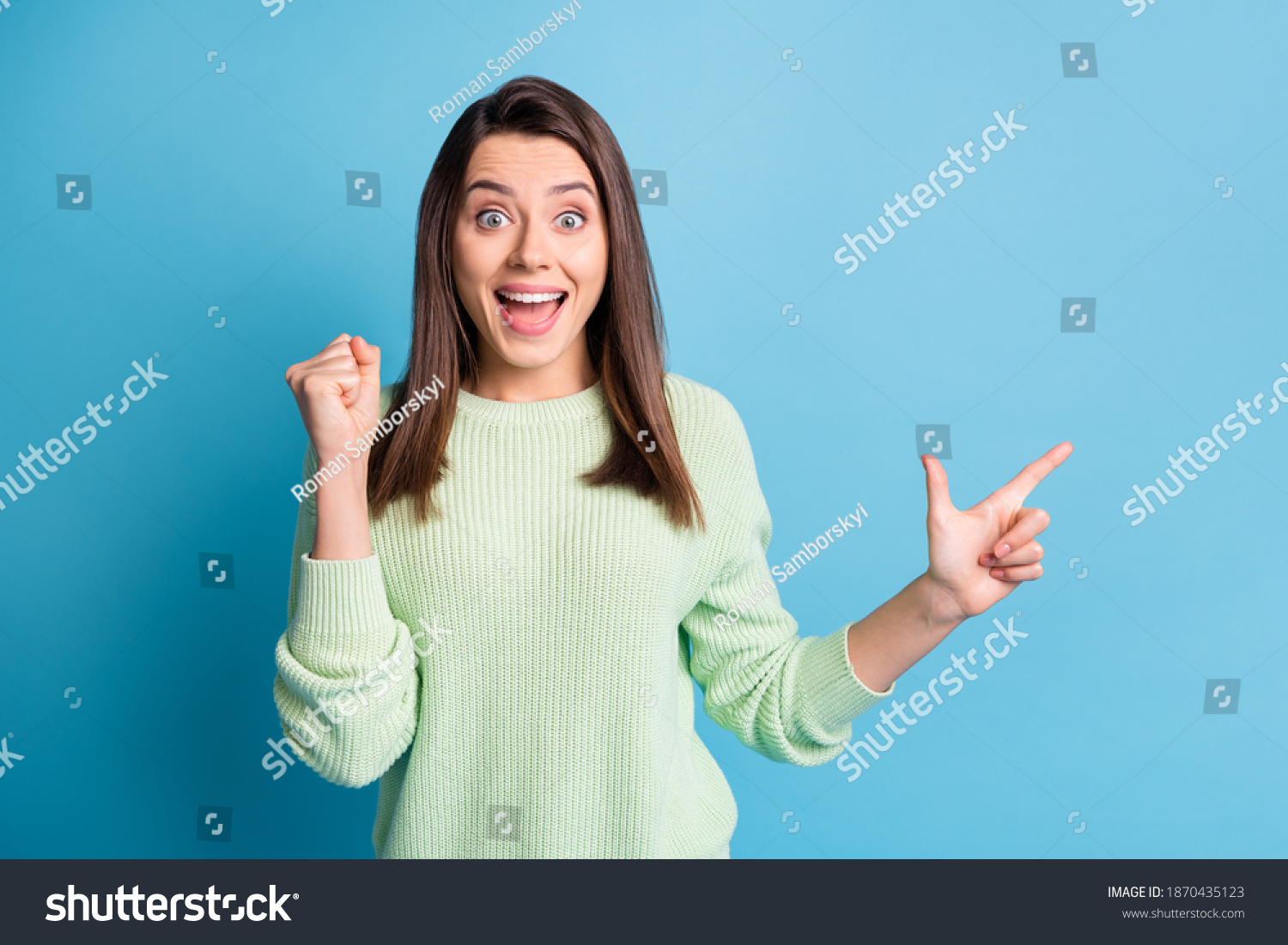 Photo Cute Young Lady Indicate Finger Stock Photo 1870435123 | Shutterstock