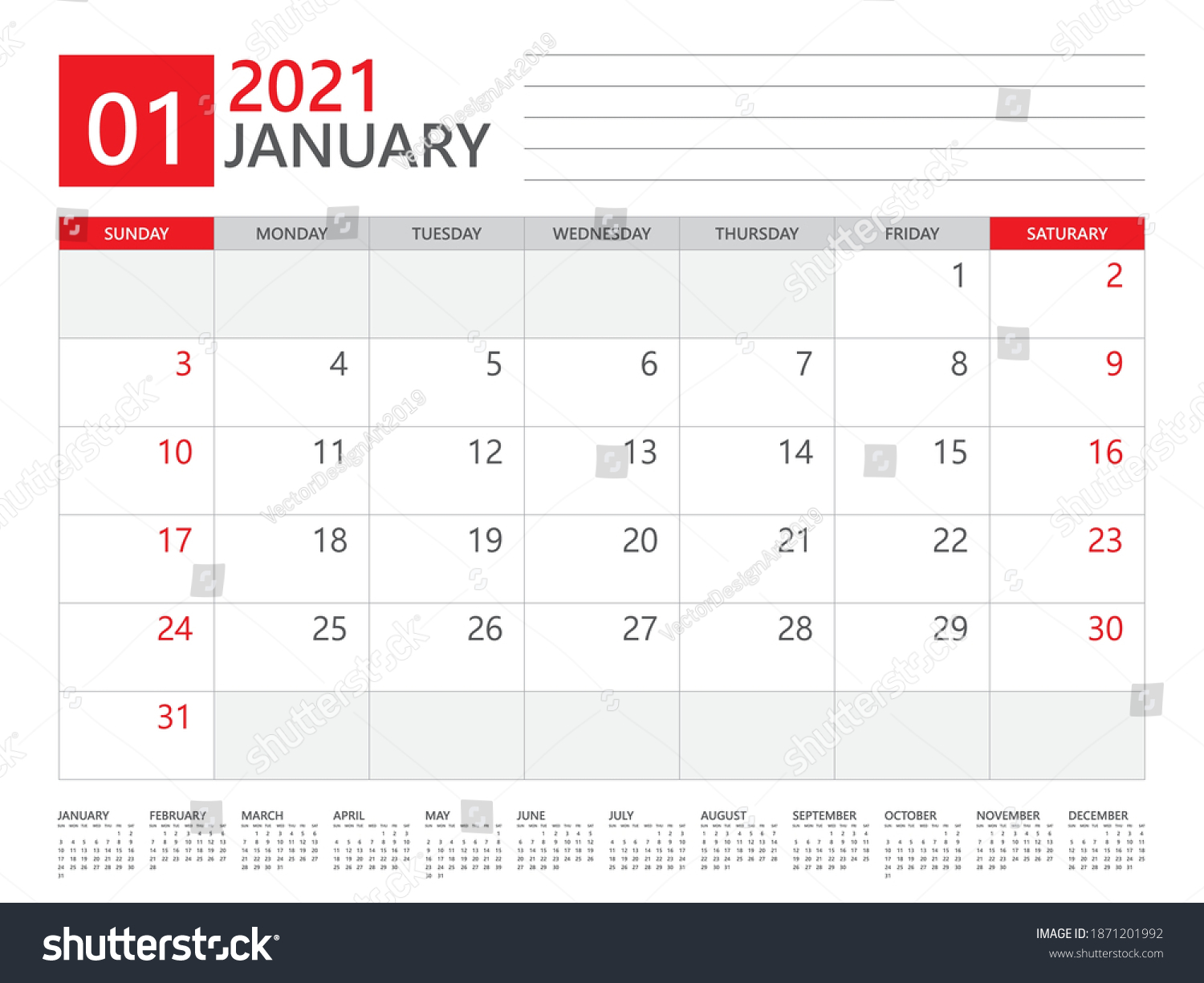 January 2021 Calendar Planner Set Template Stock Vector (Royalty Free ...