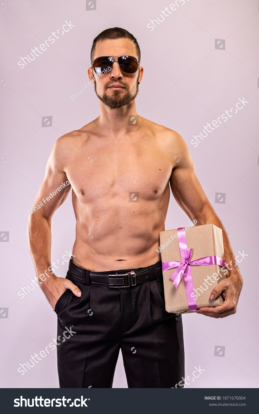 Sporty Man Sunglasses Naked Torso Holds Stock Photo Shutterstock