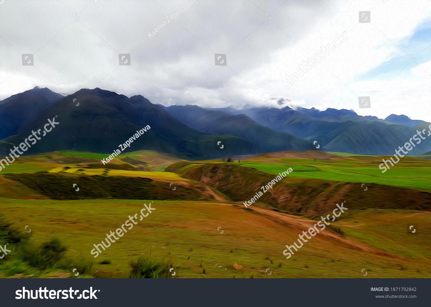 Oil Painting Illustration Beautiful Peruvian Mountains Stock   Stock Photo Oil Painting Illustration Of Beautiful Peruvian Mountains 1871792842 