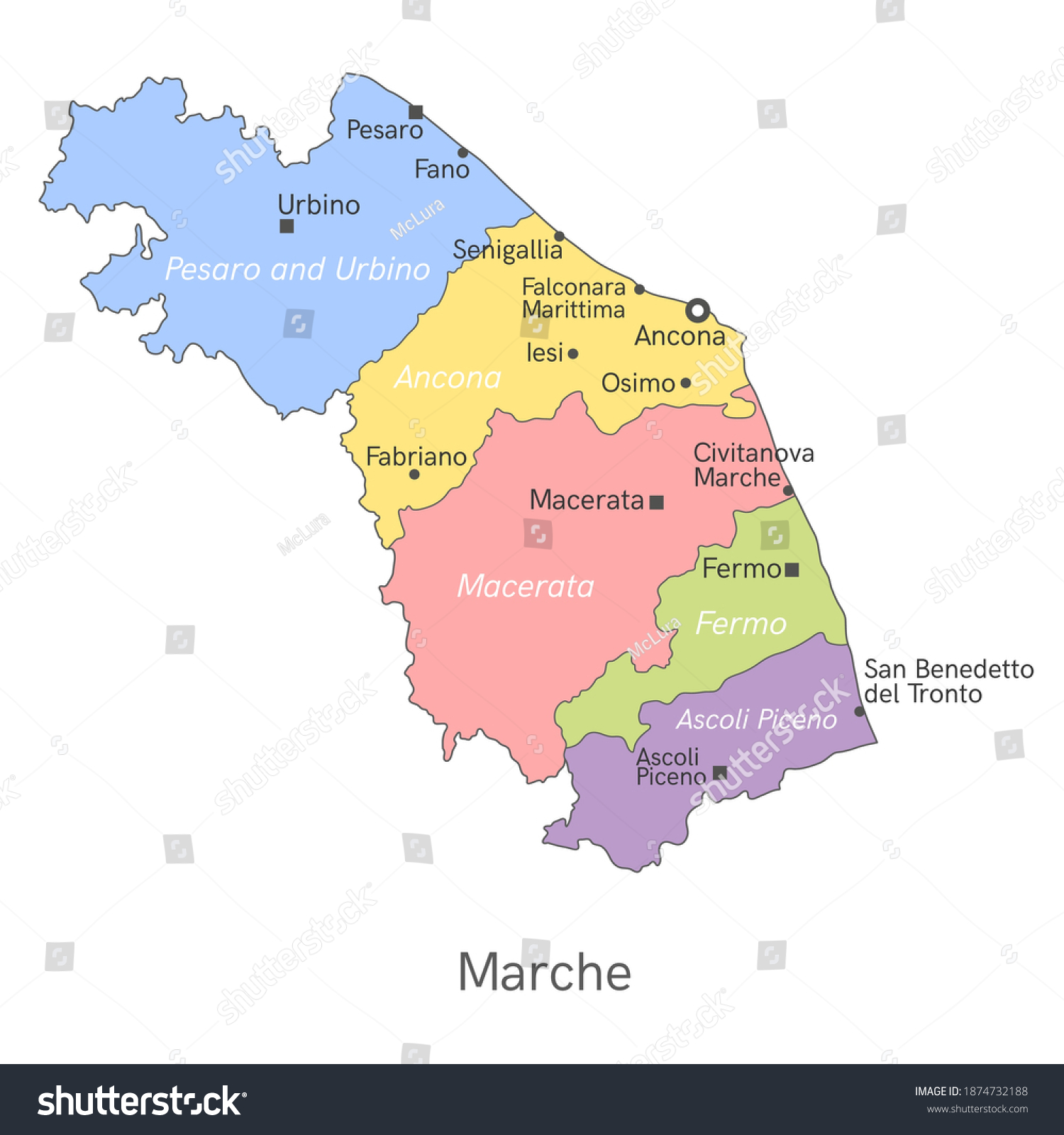 Vector Illustration Administrative Map Marche Borders Stock Vector ...