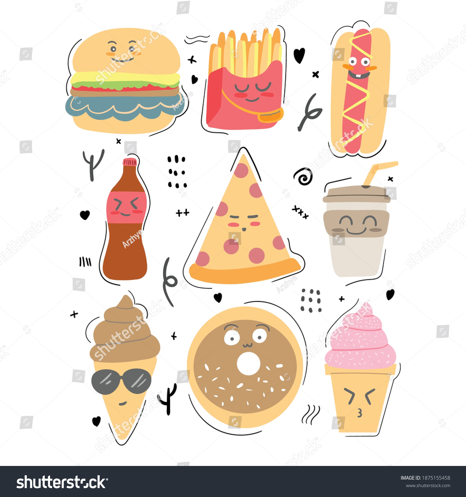 Fast Food Snack Cute Face Character Stock Vector (Royalty Free ...