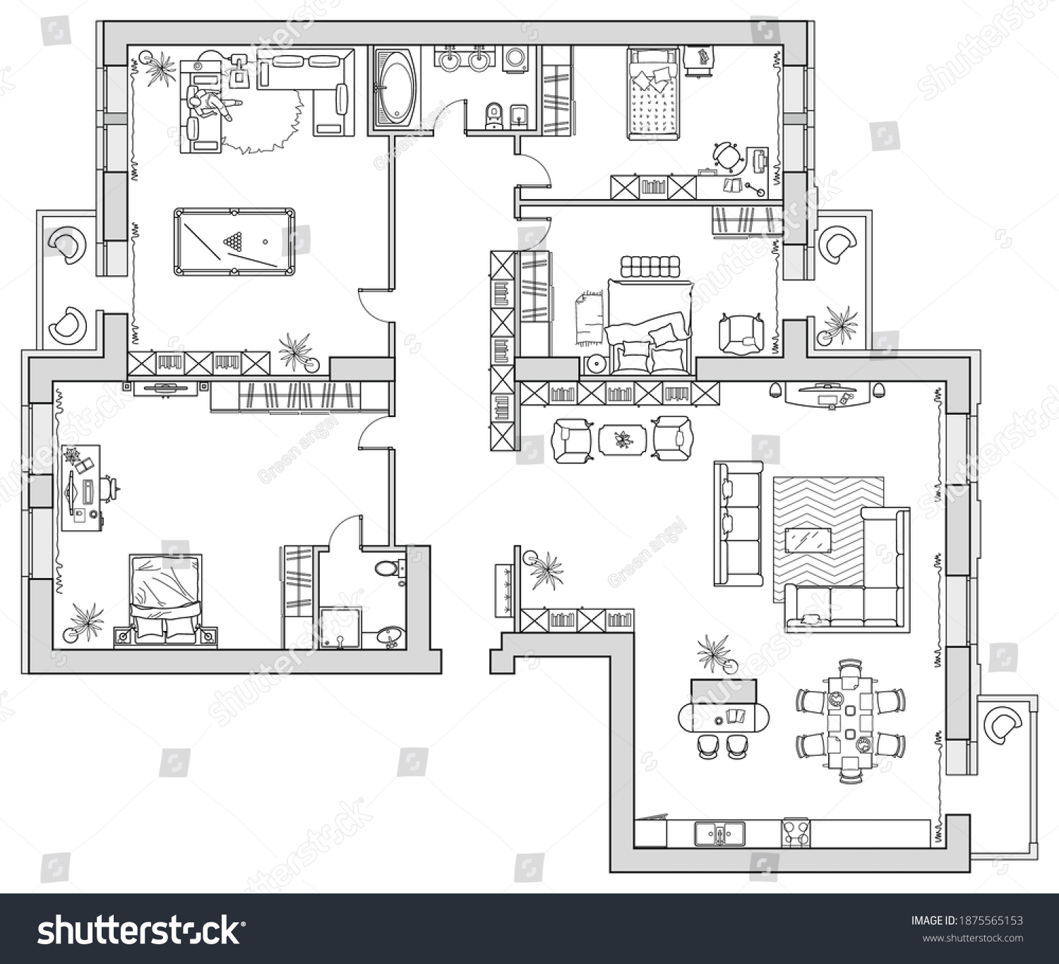 Apartment House Floor Plan Furniture Arrangement Stock Vector (Royalty ...