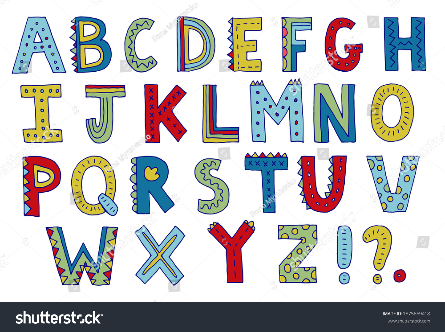 Alphabet Handwritten Hand Drawing Colored Letters Stock Vector (Royalty ...