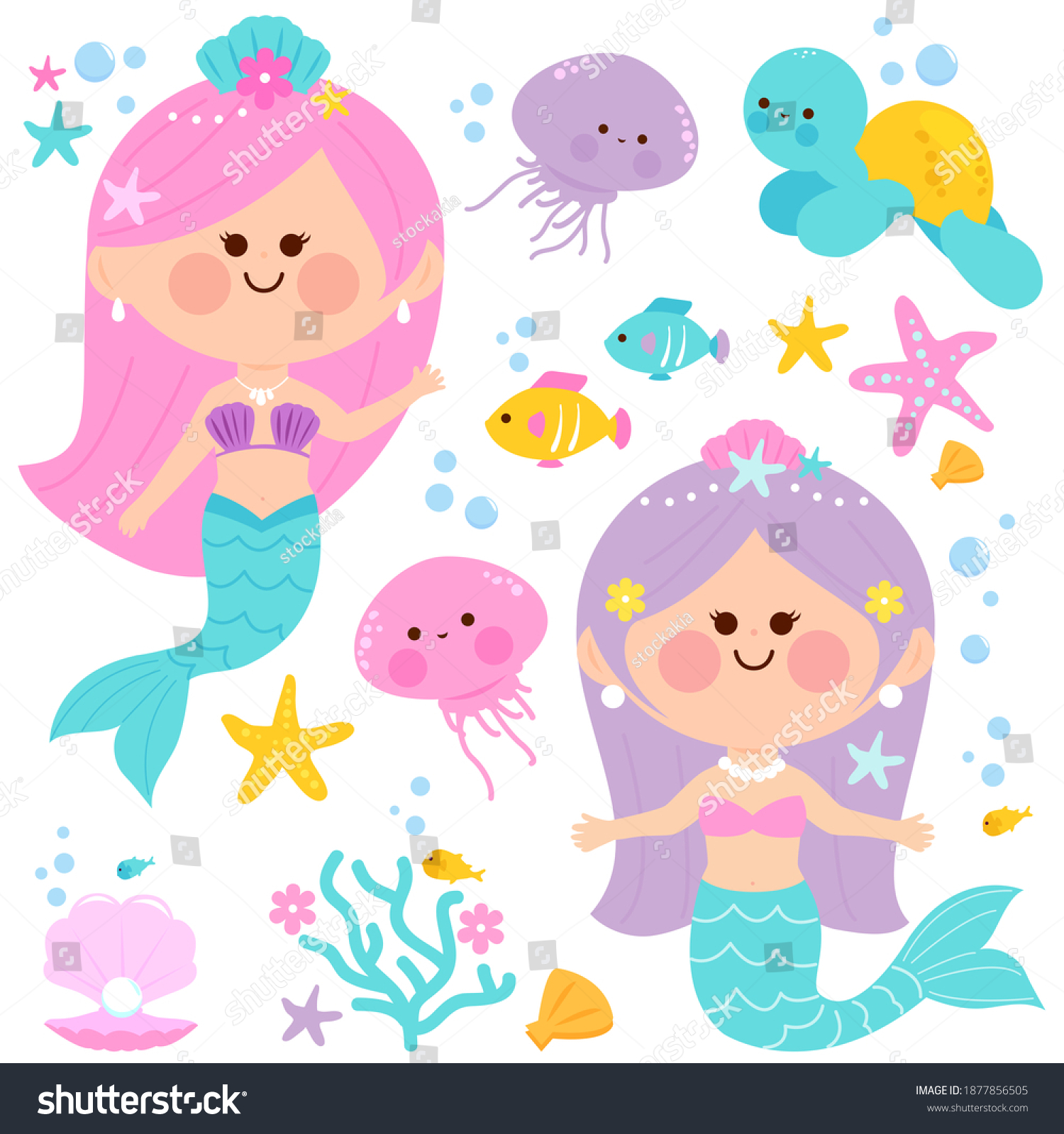 Cute Mermaids Sea Animals Fish Swimming Stock Illustration 1877856505 ...