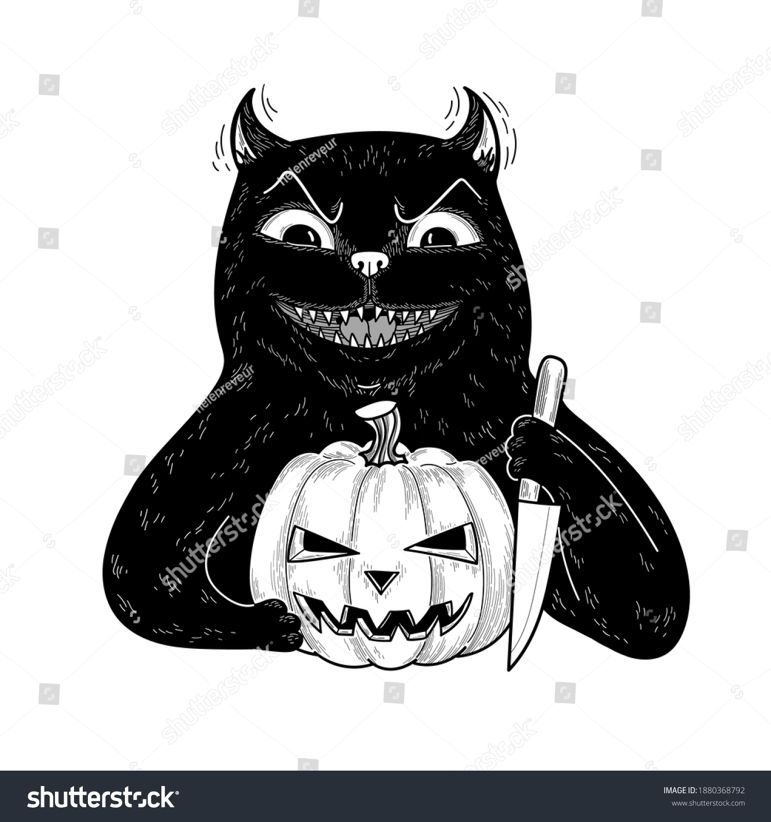 ハロウィーン用のカボチャとナイフを持つ不吉な悪魔の黒猫 白い背景に平らなカートーンのキャラクター のベクター画像素材 ロイヤリティフリー Shutterstock