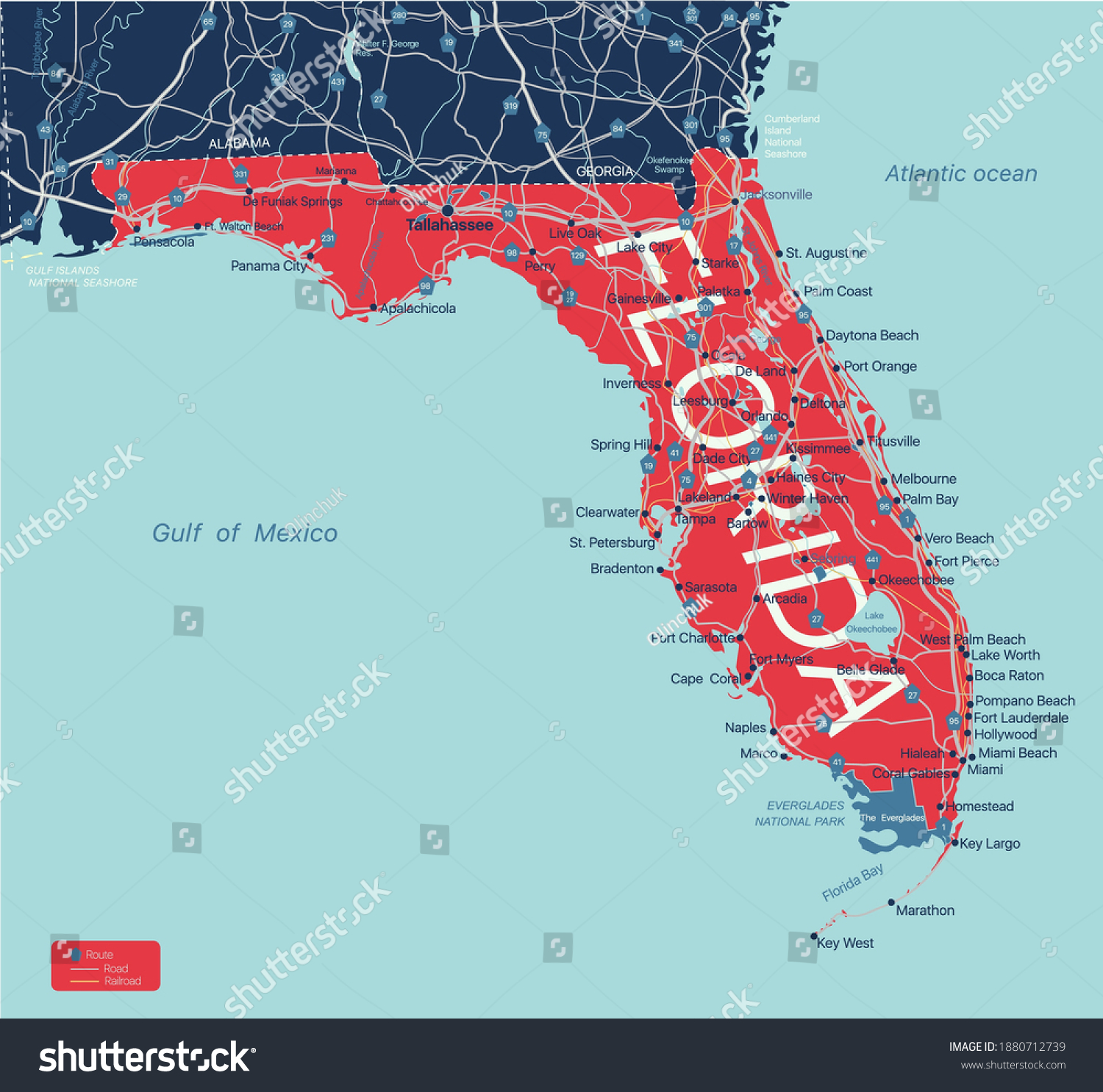 Florida State Map Showing Cities - Stock Vector Florida State Detailed Editable Map With Cities And Towns Geographic Sites Roads Railways 1880712739