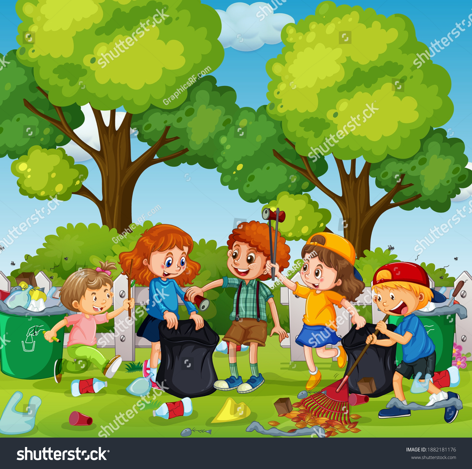 Group Volunteer Kids Cleaning Park Illustration Stock Vector (Royalty ...