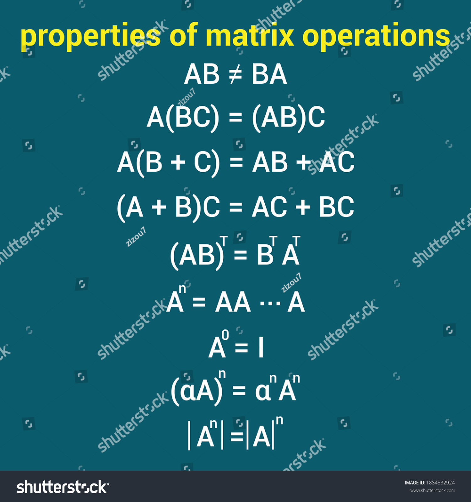 Properties Matrix Operations Math Formulas Stock Vector (Royalty Free ...