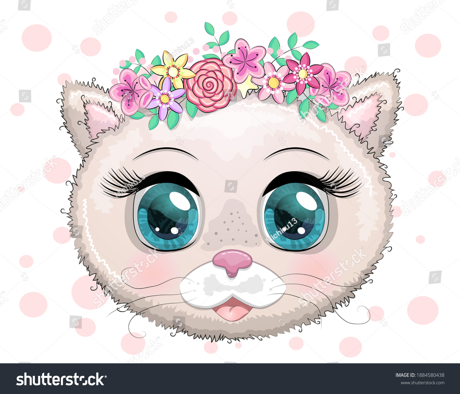 Cute Cartoon Pink Kitten Face On Stock Illustration 1884580438 ...