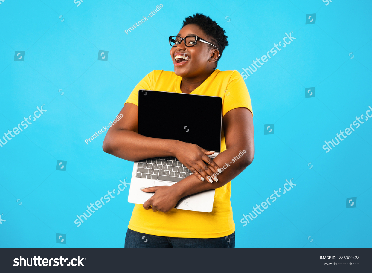 Happy Overweight Black Woman Hugging Laptop Stock Photo 1886900428 ...