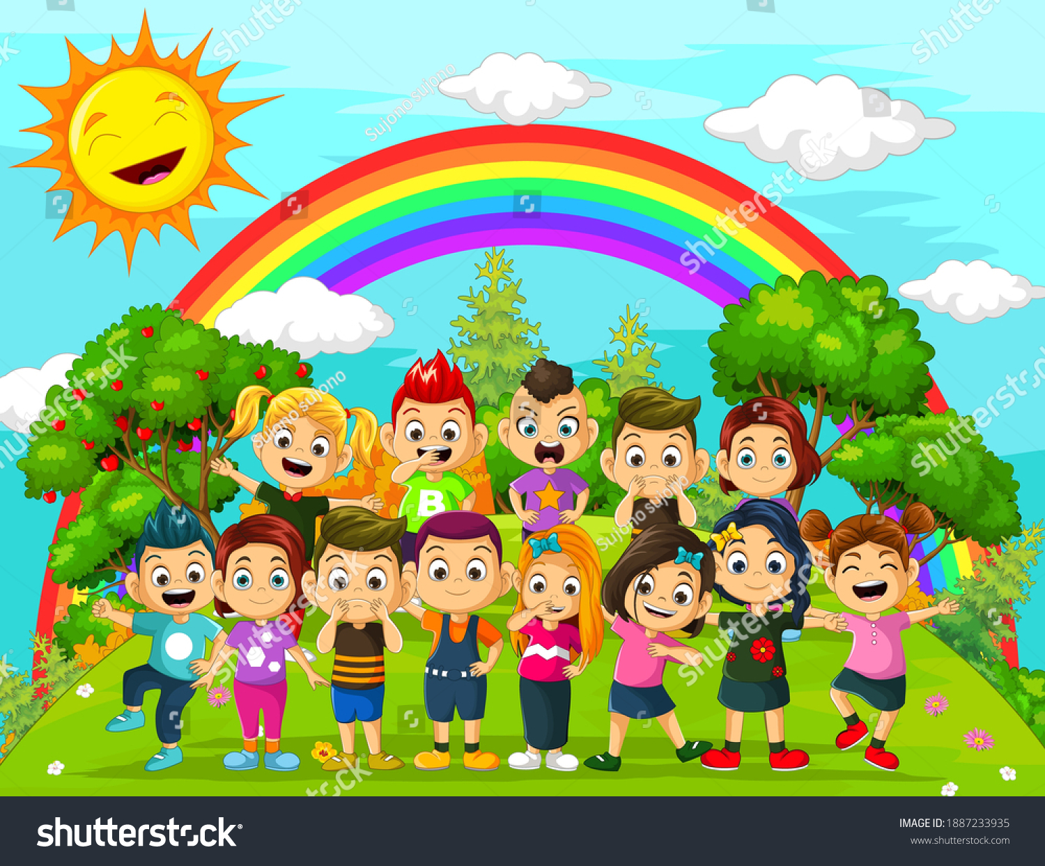 Happy Child Cartoons Playing Nature Rainbow Stock Vector (Royalty Free ...