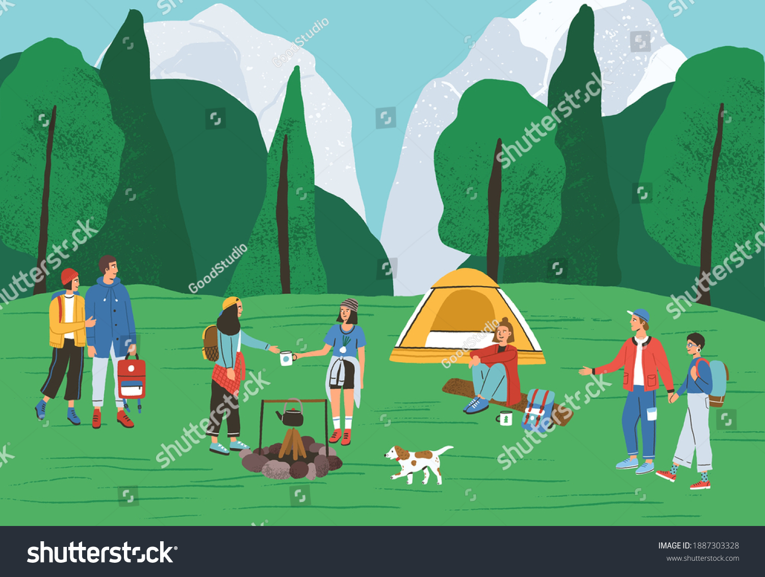 Group Active People Spending Time Camping Stock Vector (Royalty Free ...