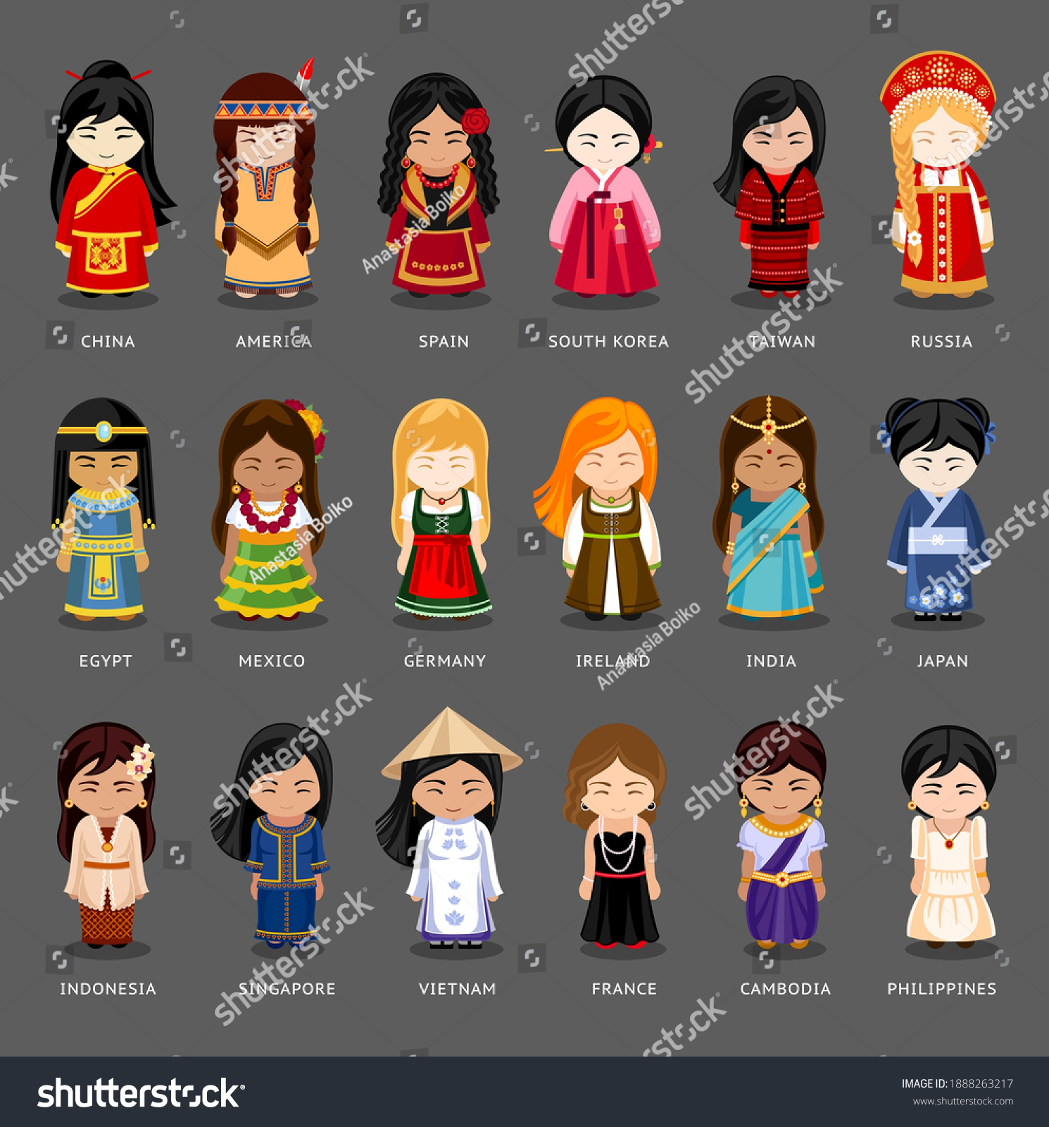 Cartoon Girls Different National Costumes Vector Stock Vector (Royalty ...