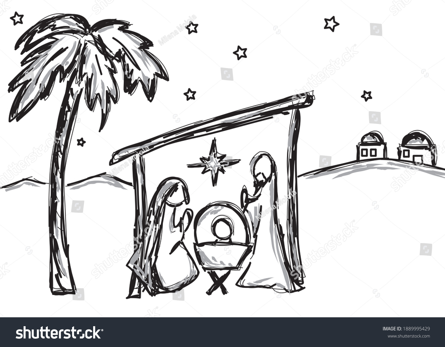 Illustration Nativity Black White Stock Illustration 1889995429 ...