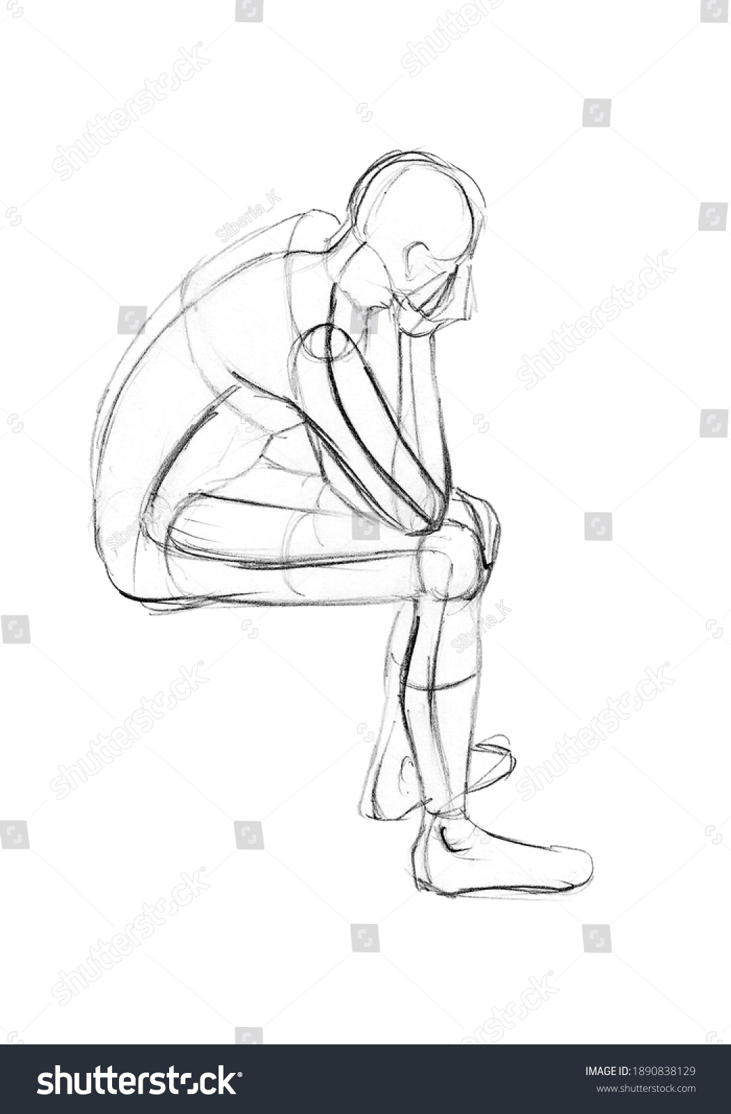 Pencil Drawing Woman Sitting Sad Pose Stock Illustration 1890838129
