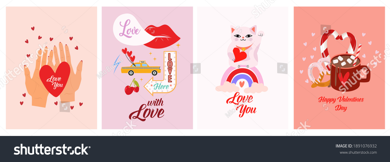 Set Romantic Cartoon Illustration Cute Lovely Stock Vector Royalty