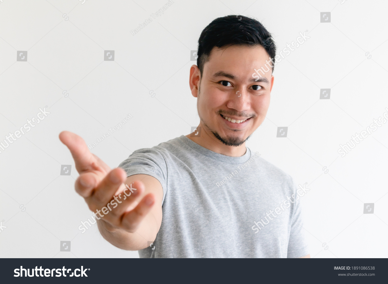 Asian Man Making Hand Gesture Invitation Stock Photo 1891086538 ...