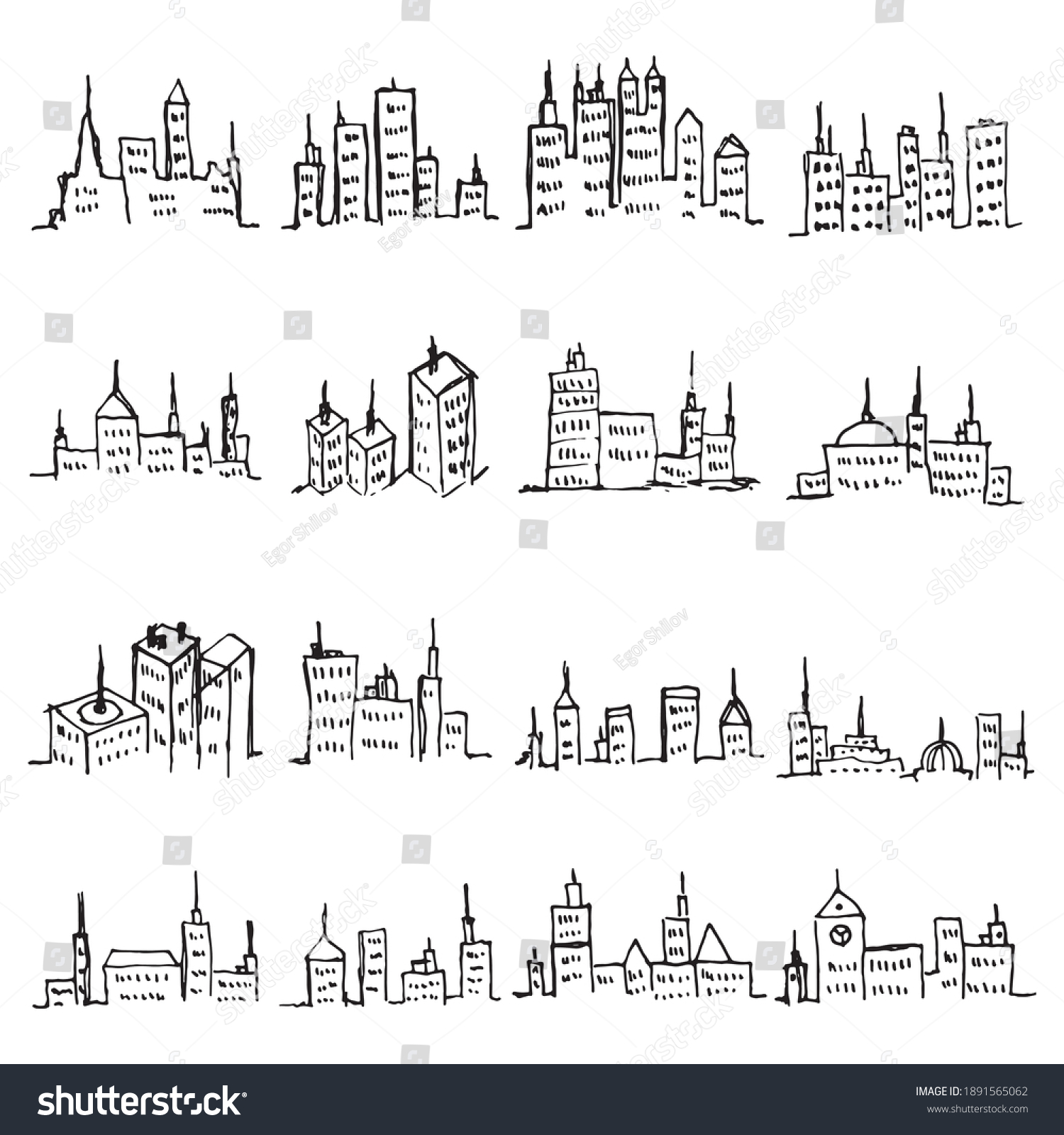 City Outline Buildings Vector Sketches Set Stock Vector (Royalty Free ...