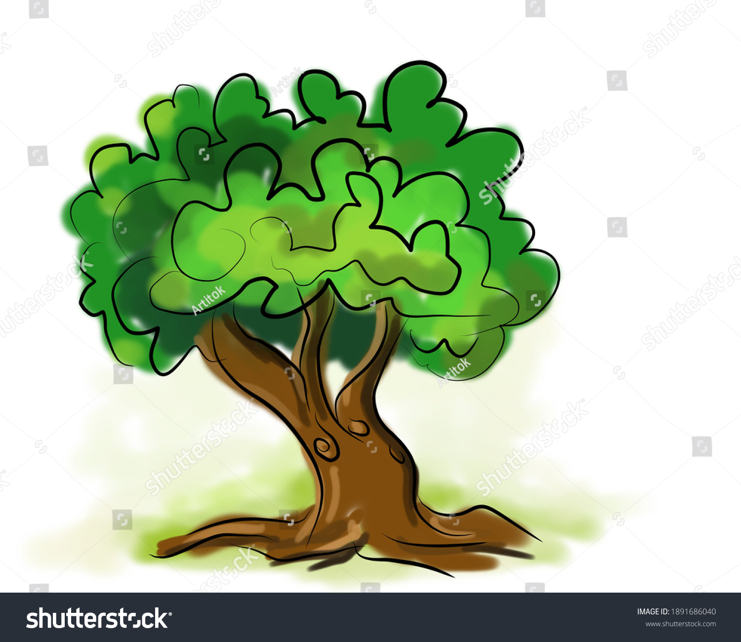 Tree Line Drawing Coloring Bushes Green Stock Illustration 1891686040 ...