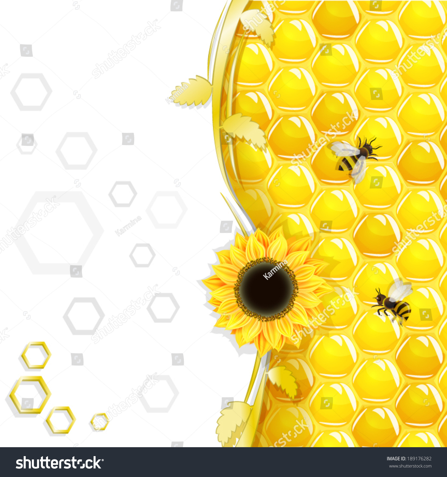 Sunflowers Bees Over Honeycombs Background Stock Vector Royalty Free