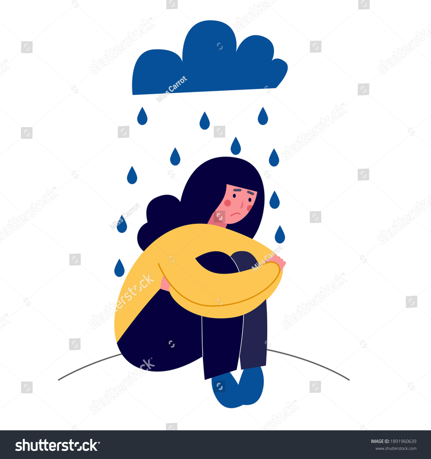 Vector Illustration Sad Depression Girl Sitting Stock Vector (Royalty ...