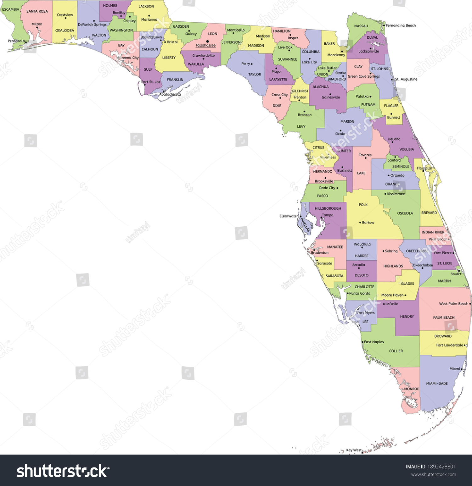 Florida Administrative Map Counties Seats Stock Vector (Royalty Free ...