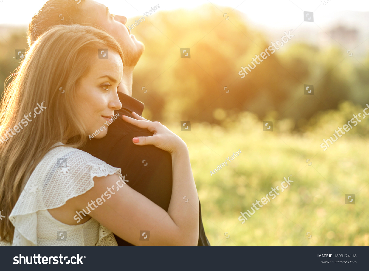 Couple Lovers Hugging Kissing Park Sunset Stock Photo 1893174118