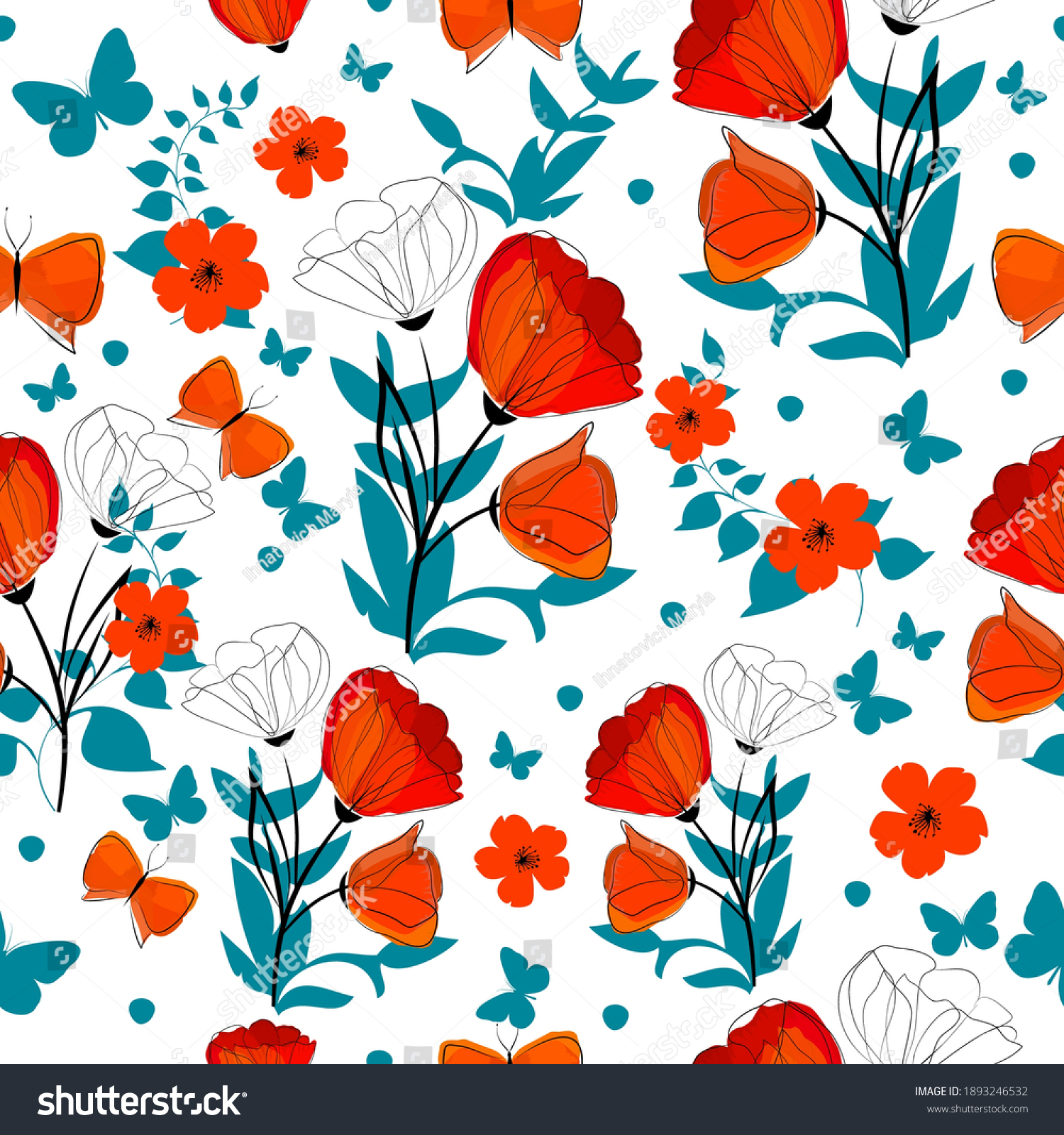 Seamless Background Red Blue Flowers Leaves Stock Vector (Royalty Free