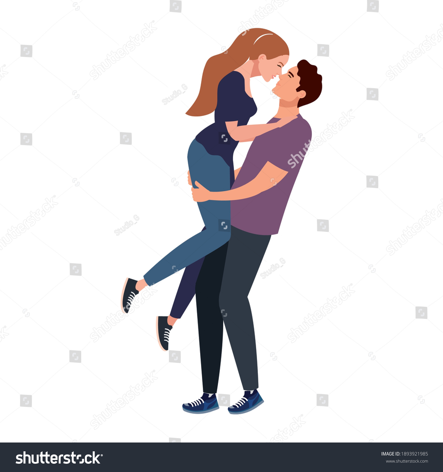 Young Lovers Couple Lifting Kissing Characters Stock Vector (Royalty ...