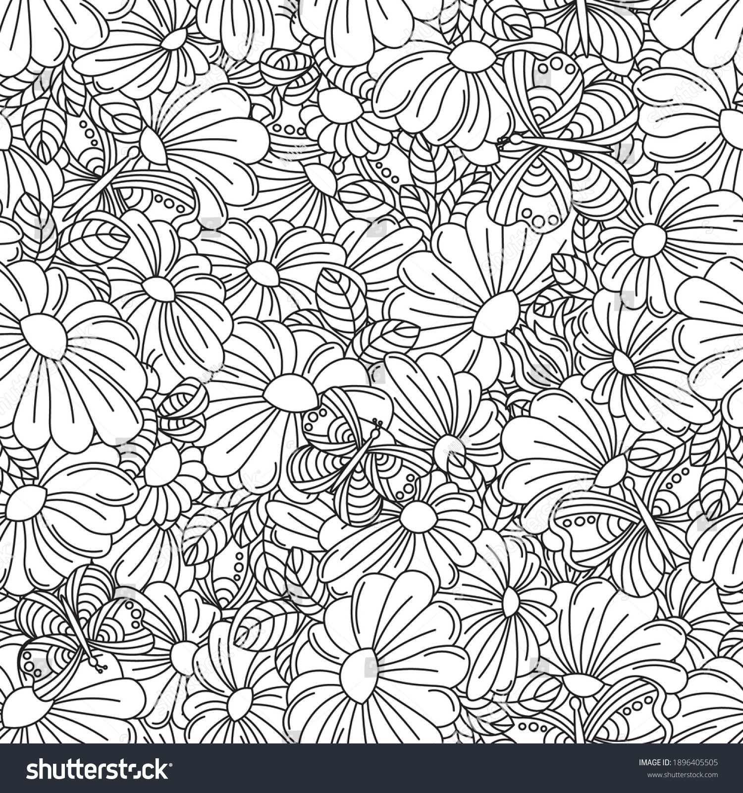 Seamless Vector Outline Floristic Coloring Flowers Stock Vector 