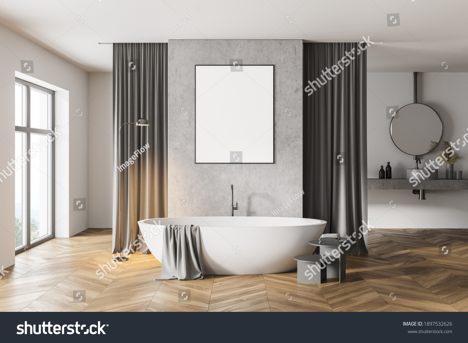 Interior Modern Bathroom White Concrete Walls Stock Illustration ...