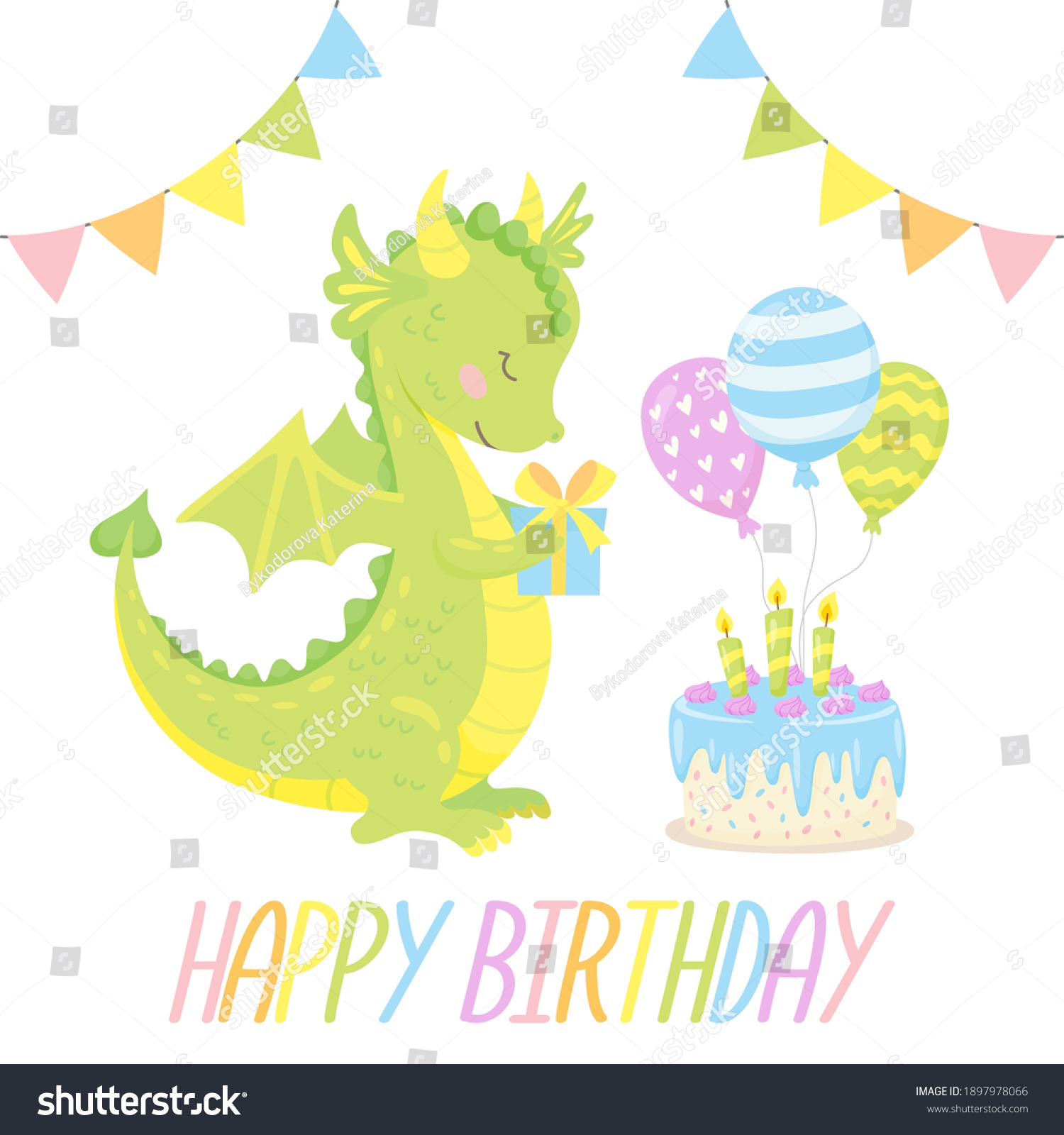 Happy Birthday Greeting Card Cute Dragon Stock Vector (Royalty Free ...