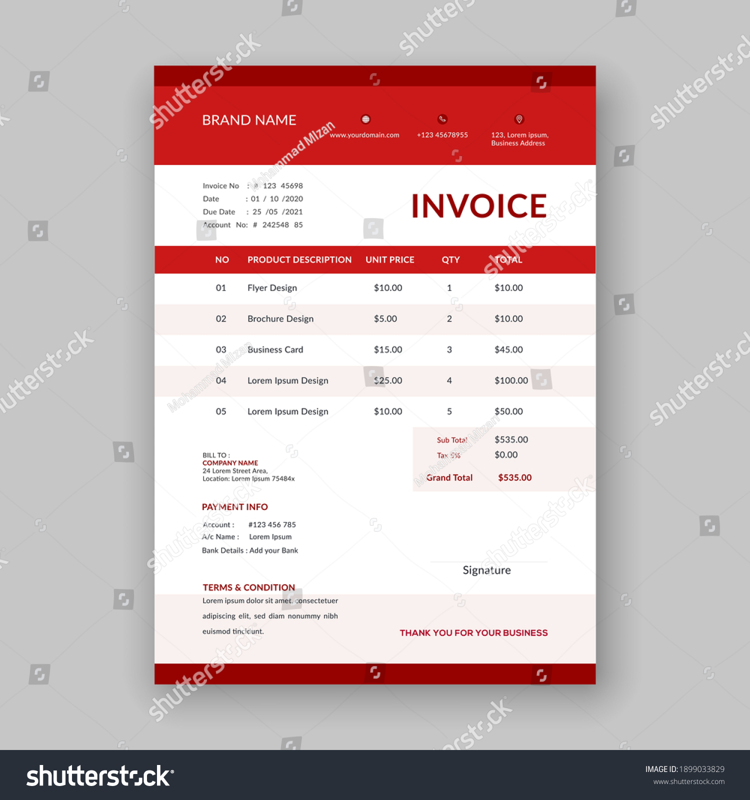 Red Color Business Invoice Template Vector Stock Vector (Royalty Free ...