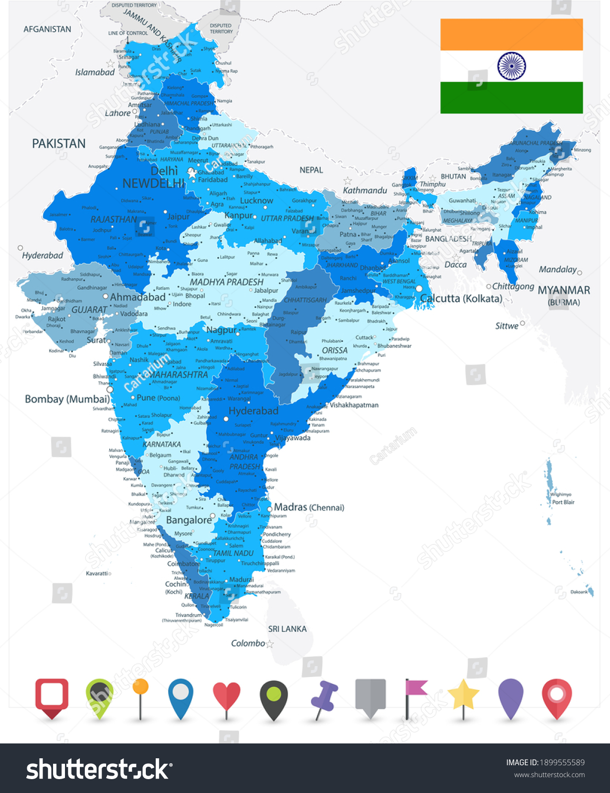 India Administrative Blue Map Flat Map Stock Vector (Royalty Free ...