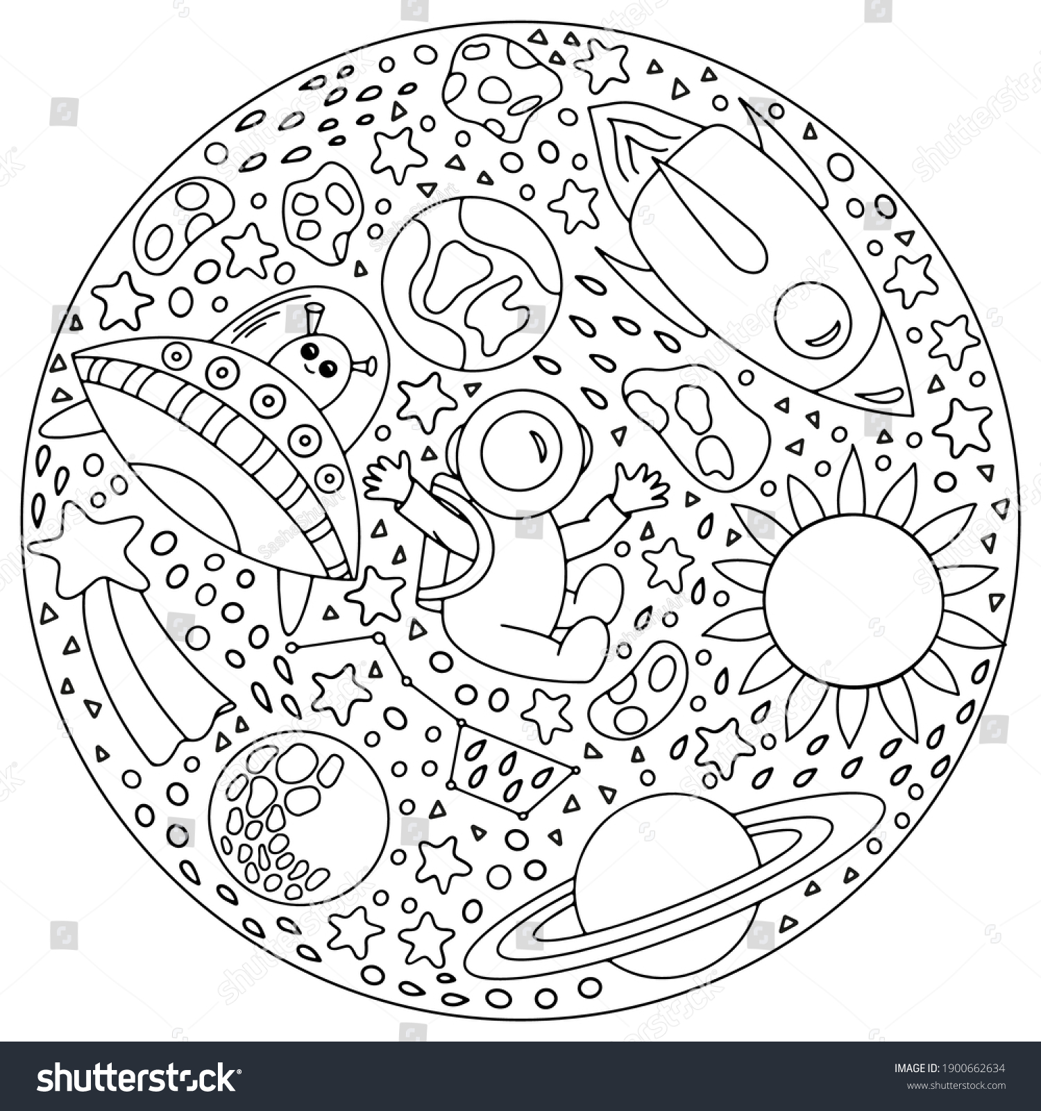 Space Doodle Coloring Circle Cosmonautics Day Stock Vector (Royalty ...