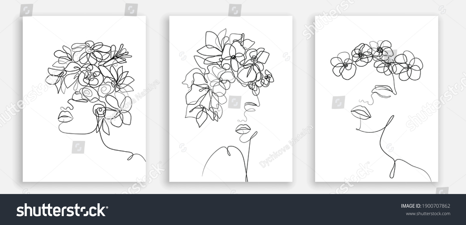 Women Faces Line Art Style Flowers Stock Vector Royalty Free