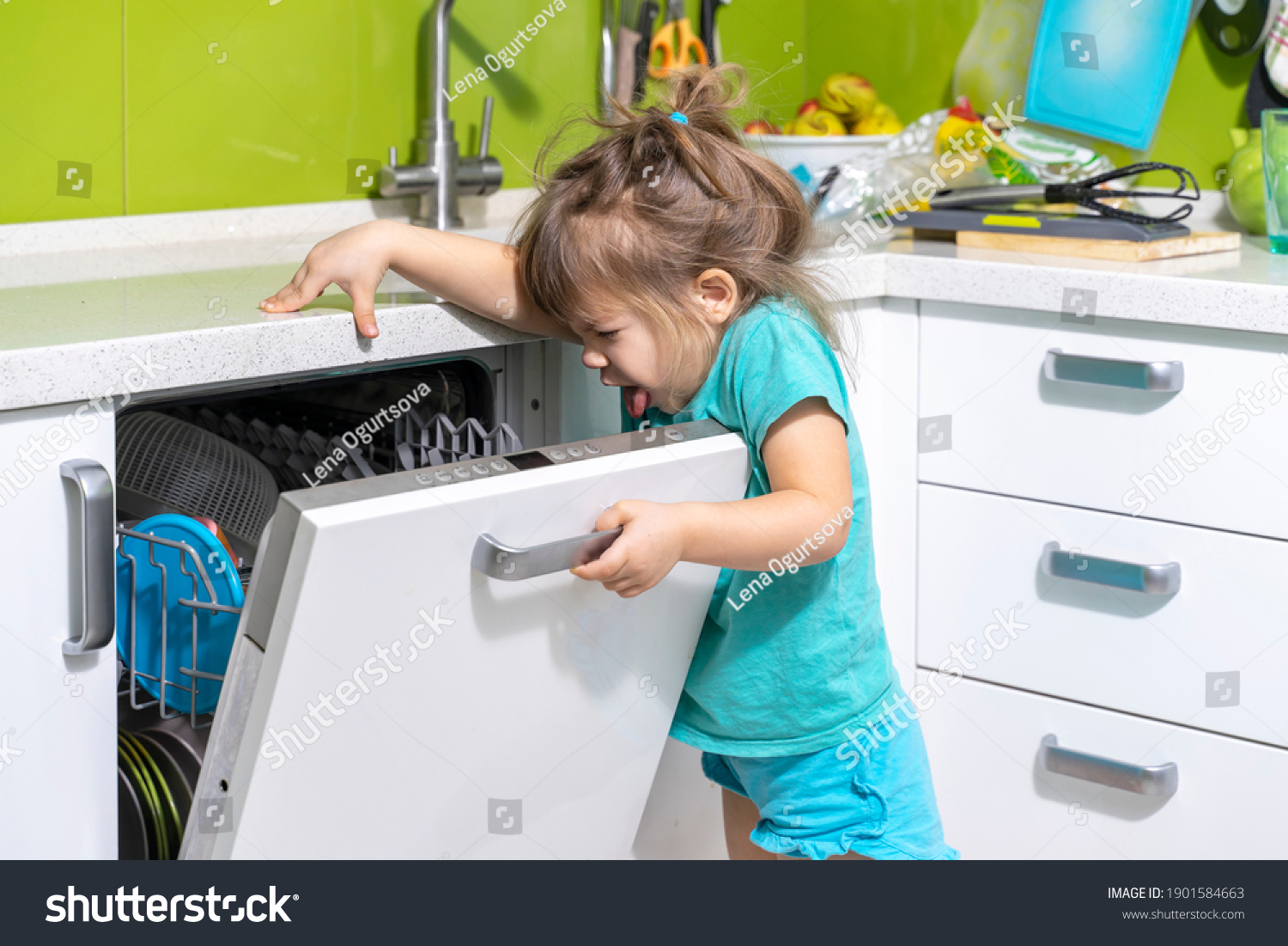 Child Smells Dishwasher Problems Bad Smell Stock Photo 1901584663