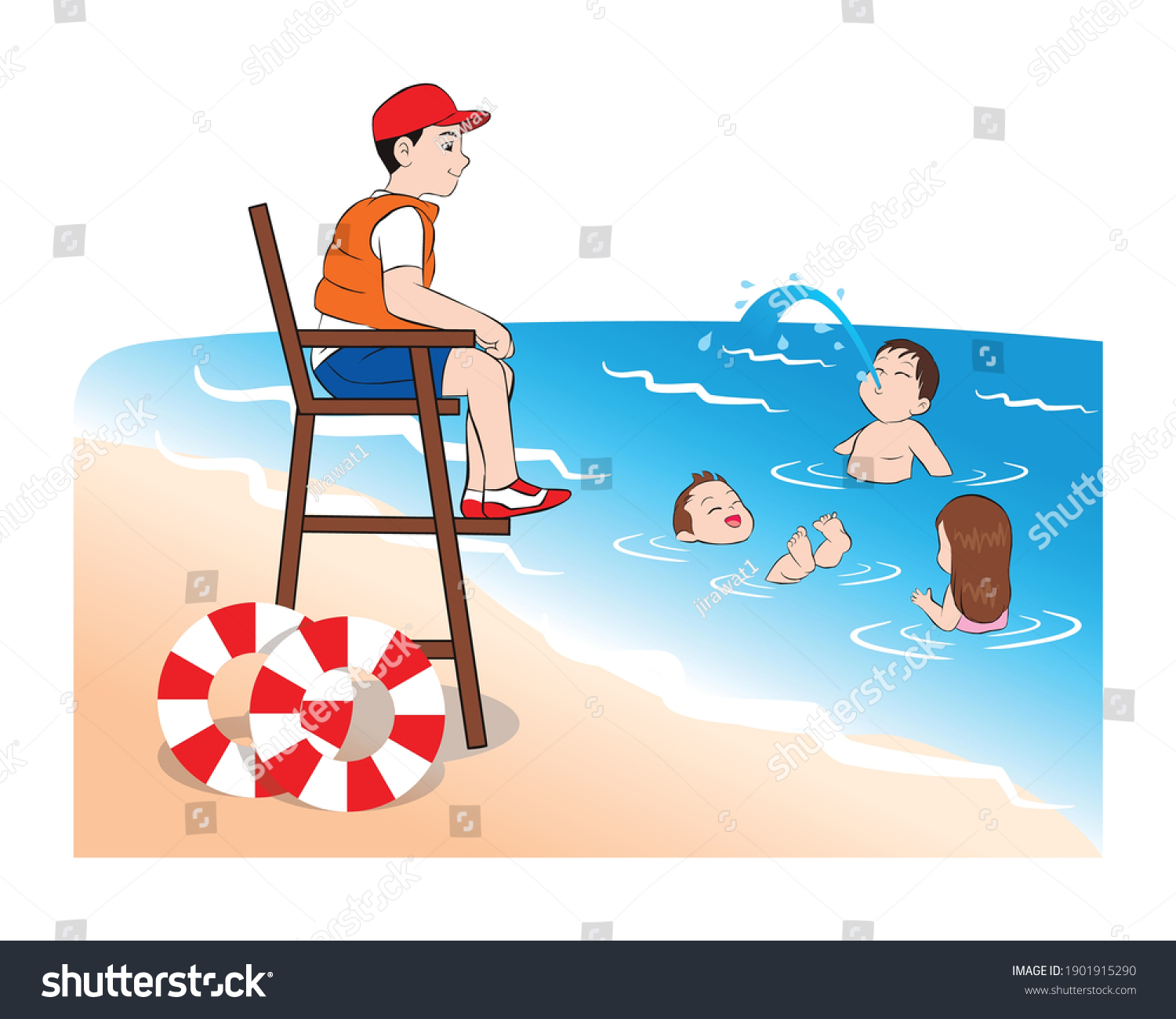 Beach Lifeguard Safeguarding Watching Kids Sitting Stock Vector ...