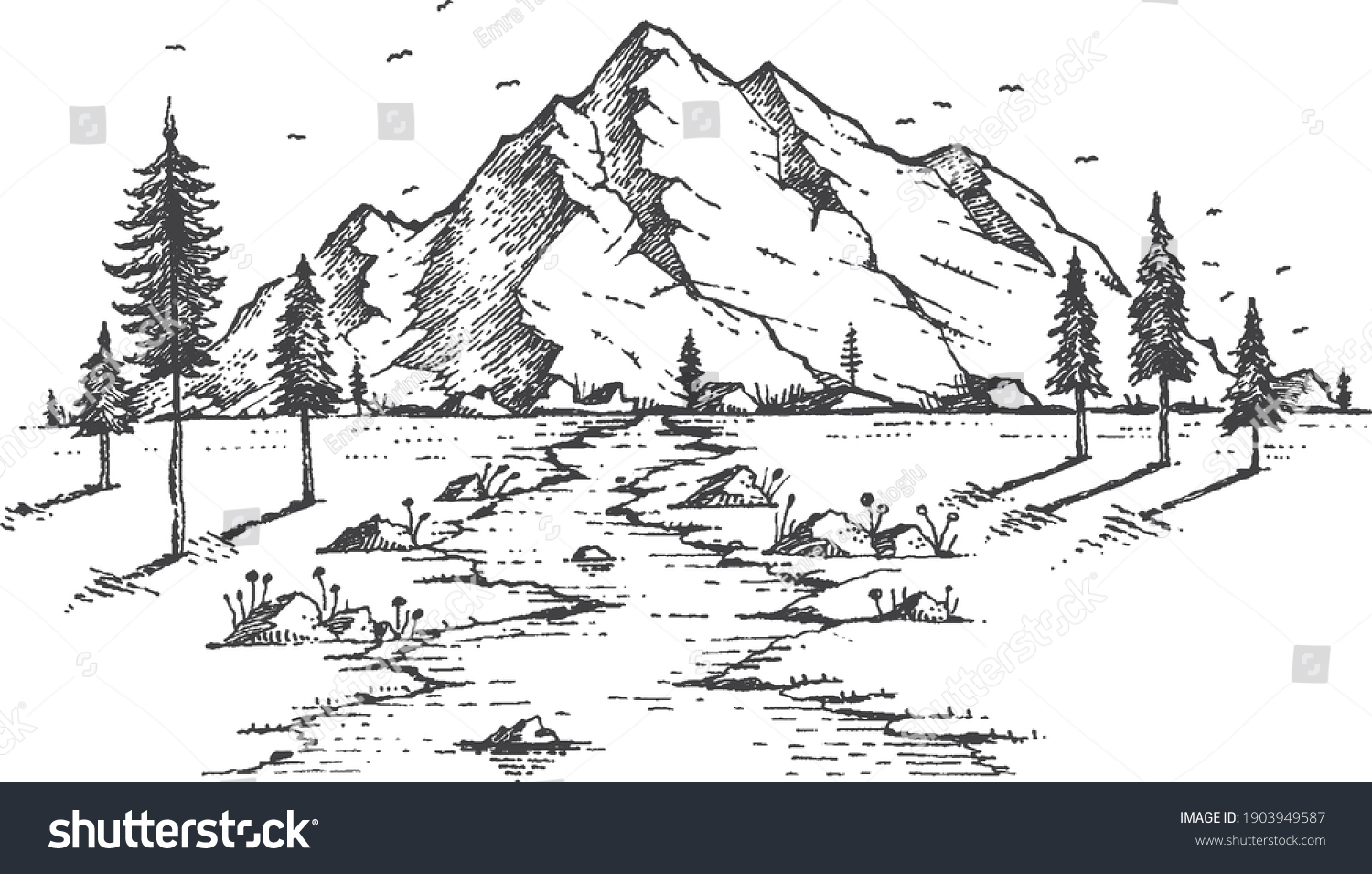 Hand Drawn Vector Nature Illustration Mountain Stock Vector (Royalty ...