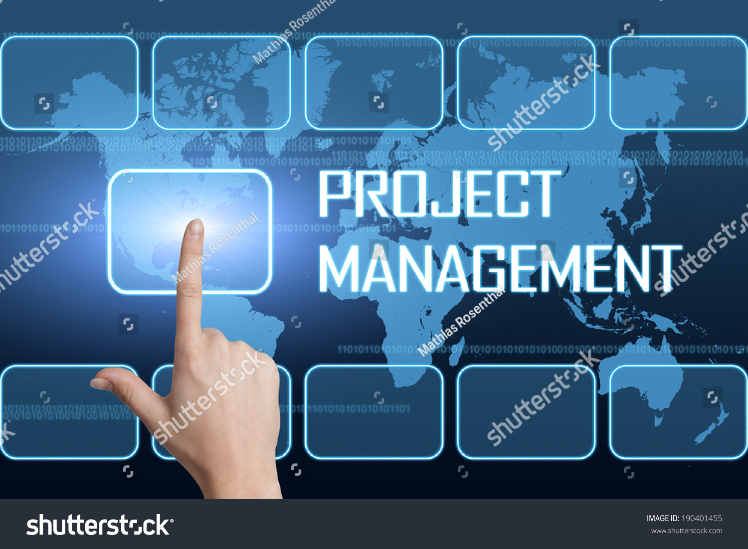 Project Management Concept Interface World Map Stock Photo 190401455   Stock Photo Project Management Concept With Interface And World Map On Blue Background 190401455 