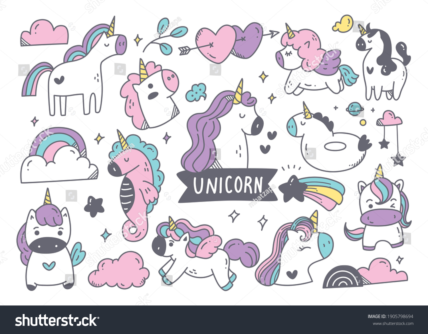 Set Cartoon Unicorn Doodle Other Cute Stock Illustration 1905798694 ...