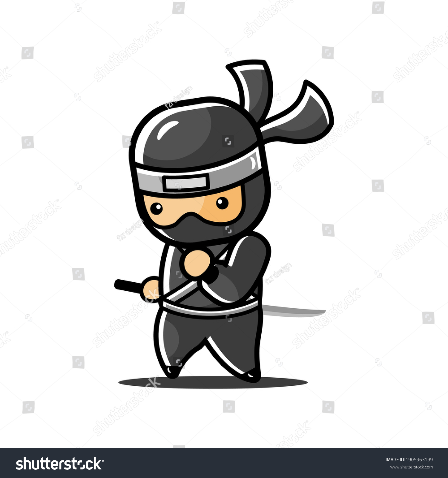 Stand Little Cartoon Ninja Holding Sword Stock Vector (Royalty Free ...