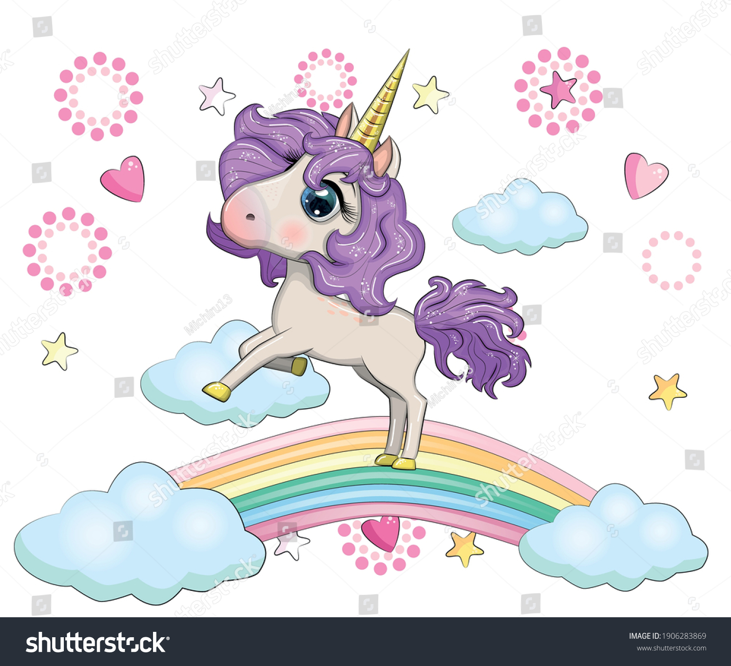 Cute Magical Unicorn On Rainbow Greeting Stock Vector (Royalty Free ...