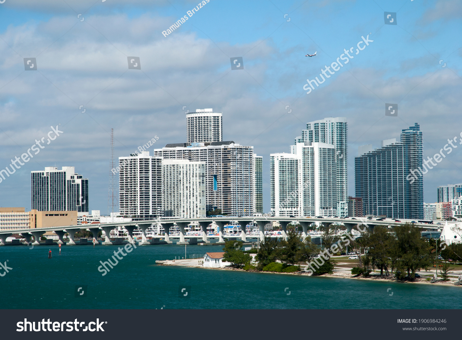 Airplane Flying Over Miami Downtown Skyscrapers Stock Photo 1906984246 ...