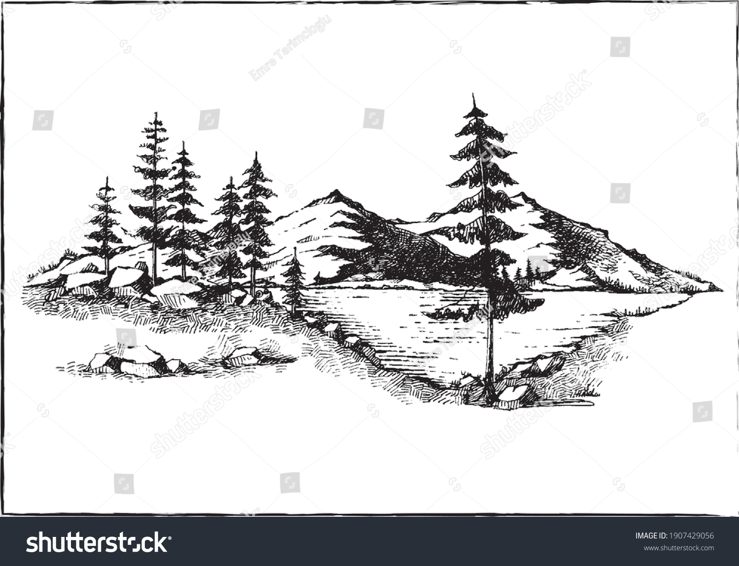 Mountain Lake Hand Drawn Vector Landscape Stock Vector (Royalty Free ...